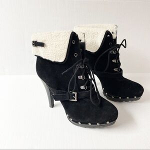 XOXO Blondie Black Suede Boots Heeled Studded Faux Fur Ankle Size 10